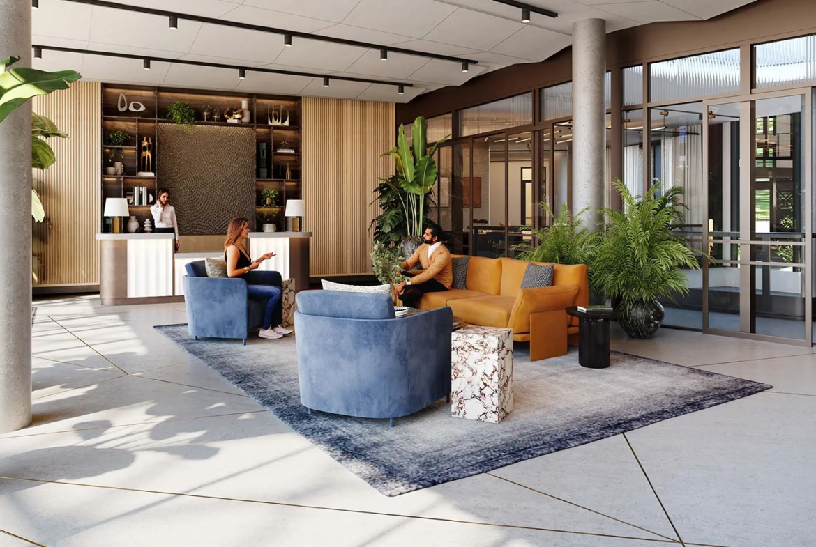 concierge lobby Bethnal Green apartment development modern entrance interior