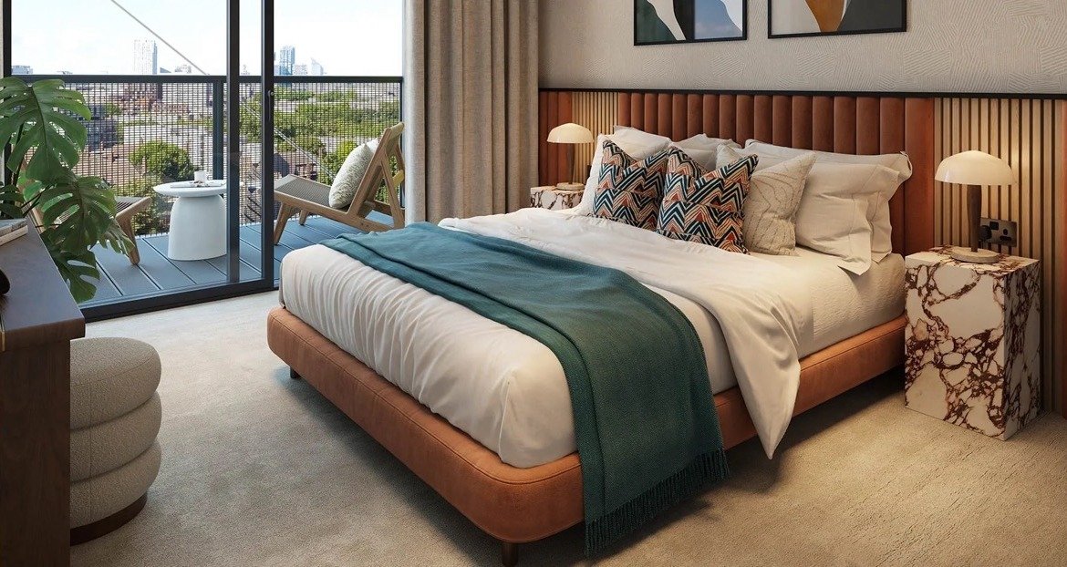 Regents View Bethnal Green bedroom interior modern apartment with balcony London