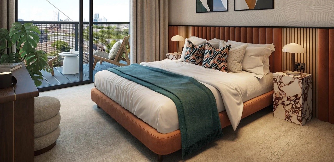 Regents View Bethnal Green bedroom interior modern apartment with balcony London