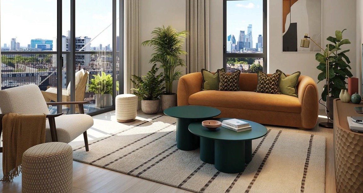 Regents View Bethnal Green living room modern apartment interior London city view