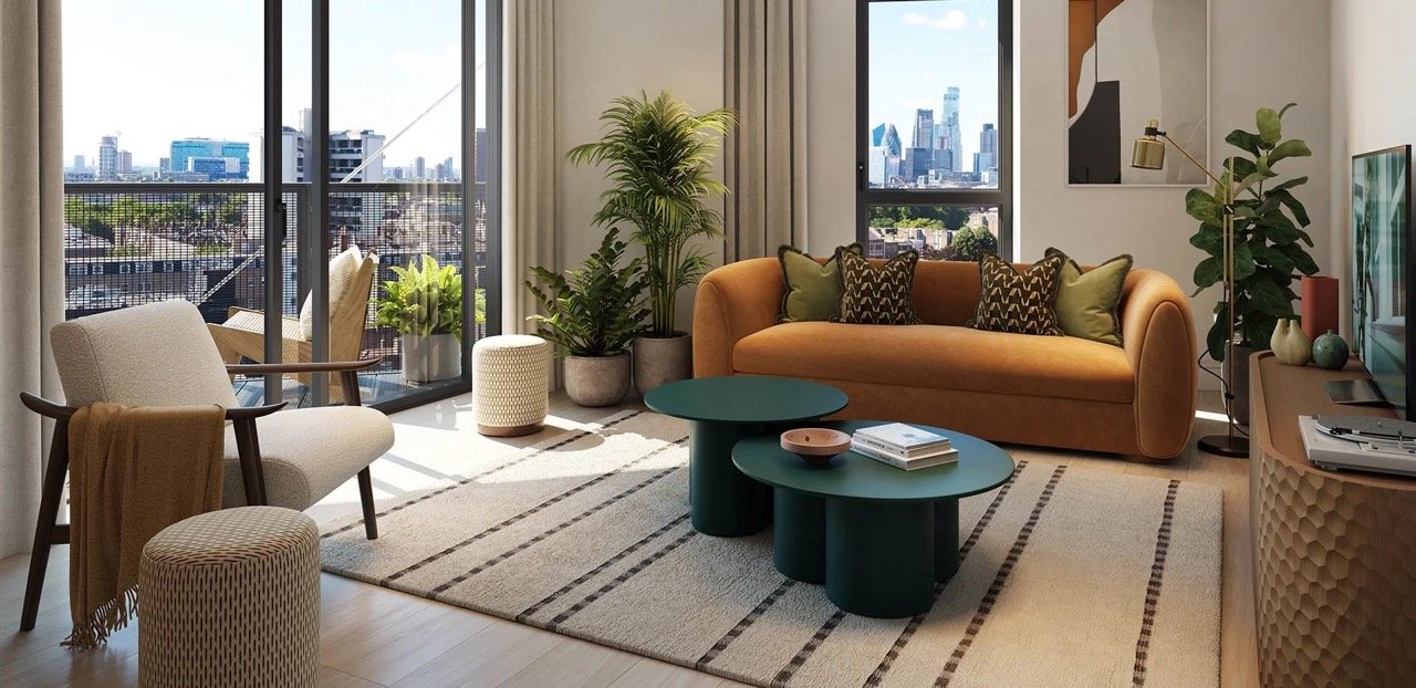 Regents View Bethnal Green living room modern apartment interior London city view