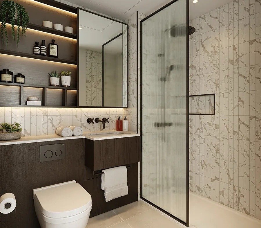 Regents View Bethnal Green bathroom modern design marble finish London apartment