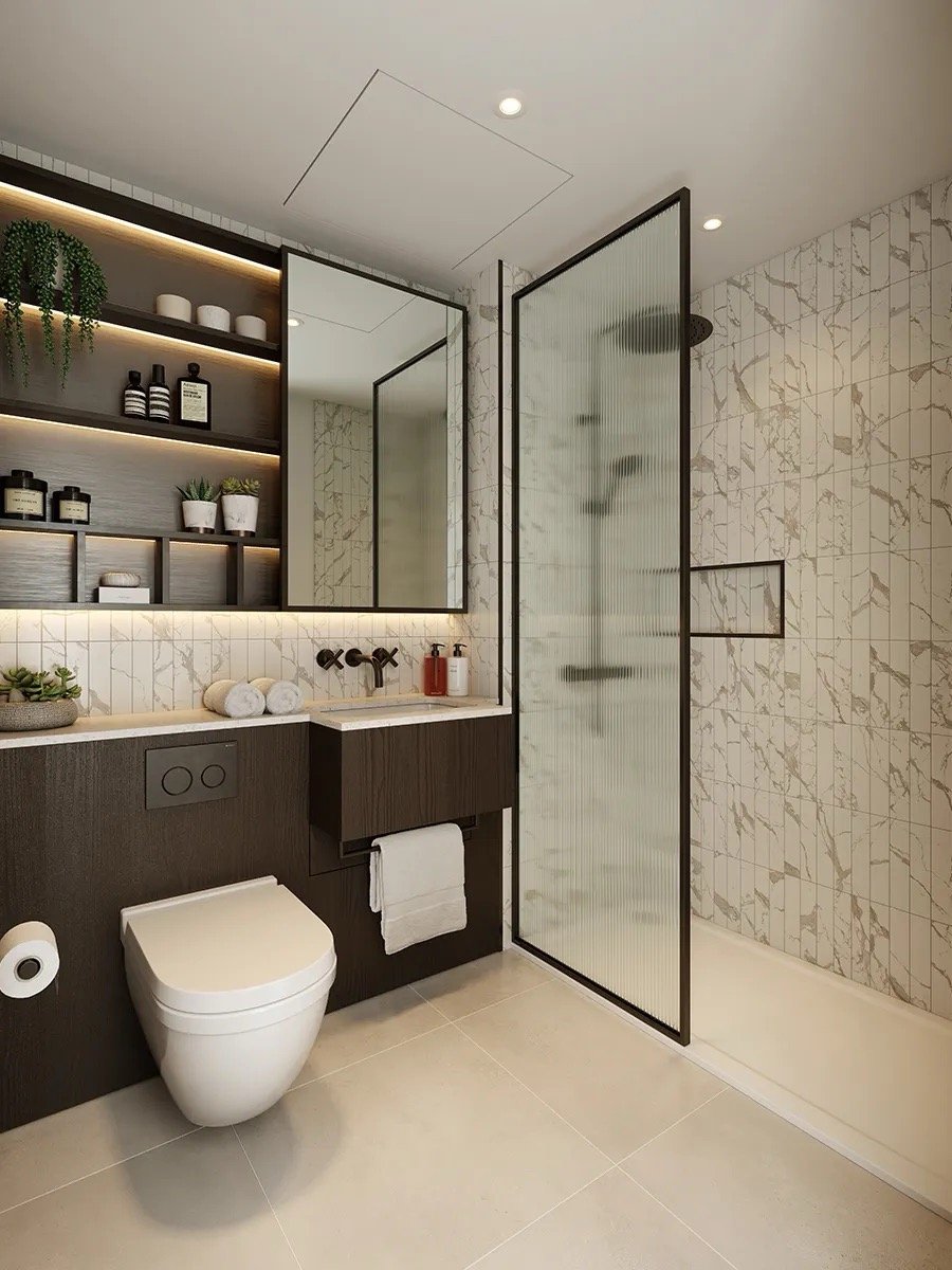 Regents View Bethnal Green bathroom modern design marble finish London apartment