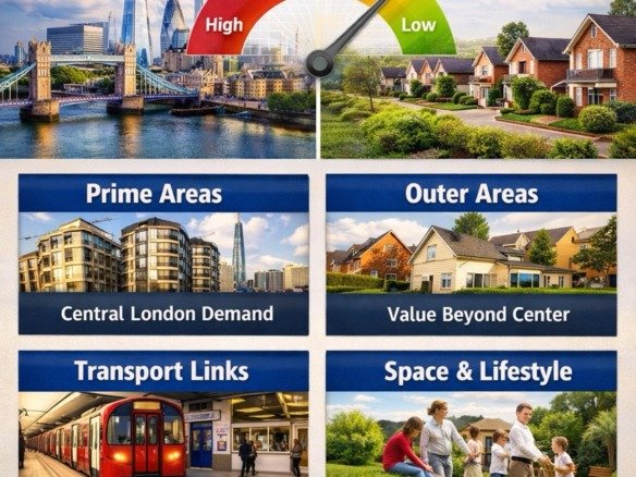 how distance from central London affects prices showing zone map transport links central vs outer areas and property value differences