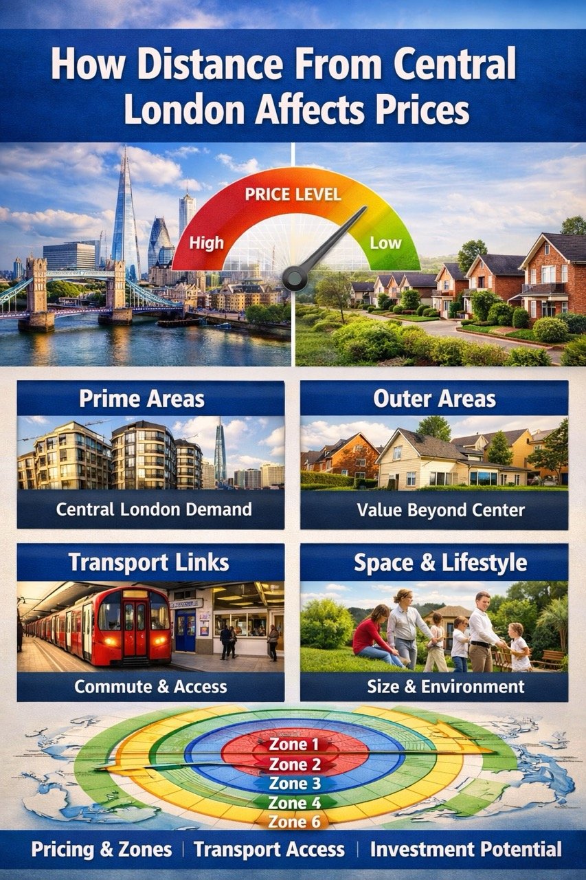 how distance from central London affects prices showing zone map transport links central vs outer areas and property value differences