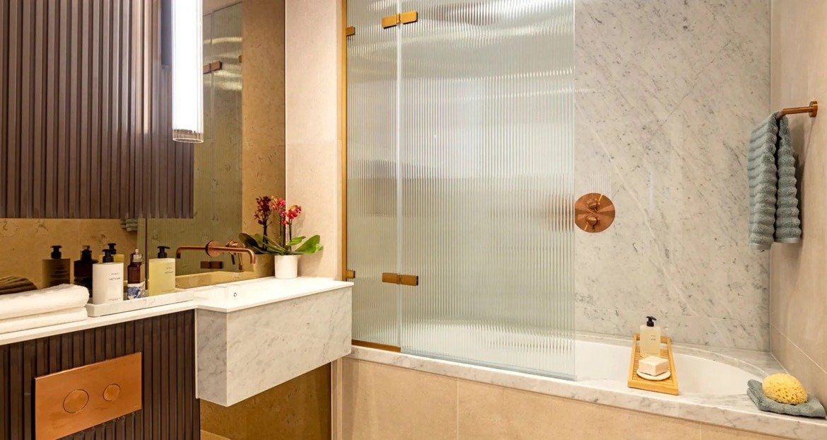 Modern bathroom with luxury finishes at Kings Road Park London apartment