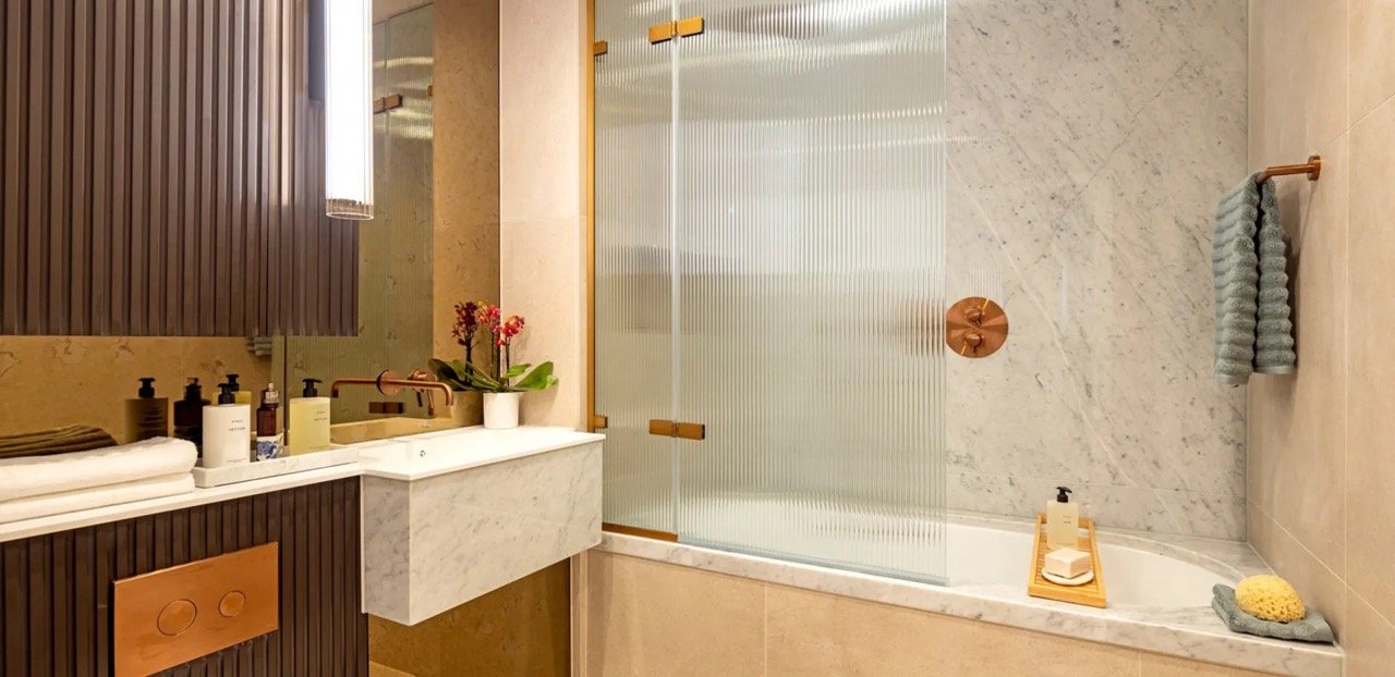 Modern bathroom with luxury finishes at Kings Road Park London apartment