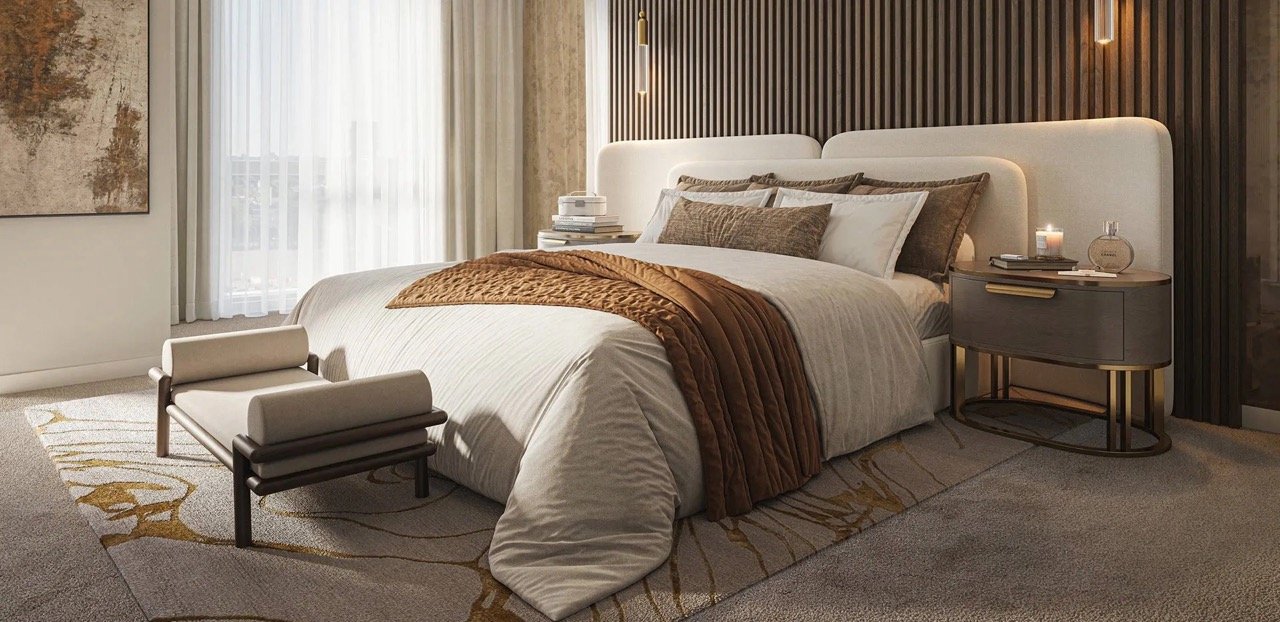 Luxury bedroom interior with elegant finishes at Kings Road Park London property