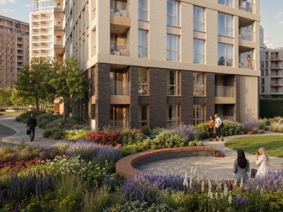 Modern apartment buildings at Kings Road Park London surrounded by landscaped gardens