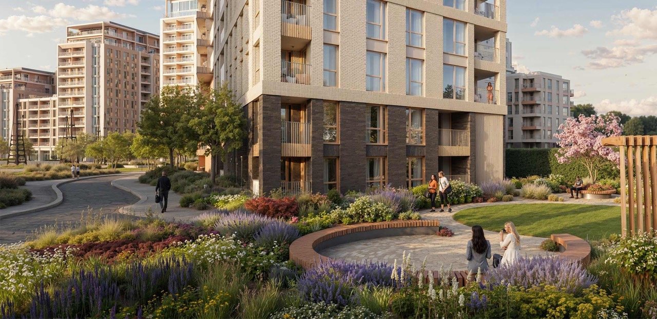 Modern apartment buildings at Kings Road Park London surrounded by landscaped gardens