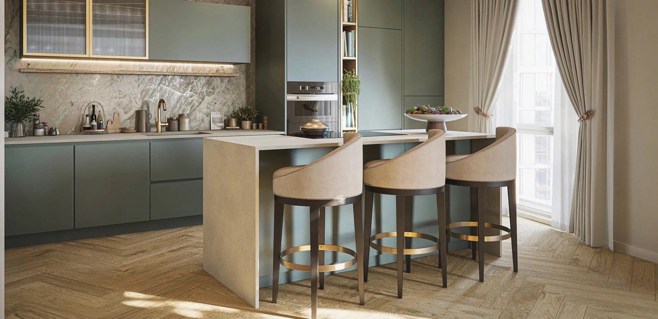 Modern open-plan kitchen with premium finishes at Kings Road Park London