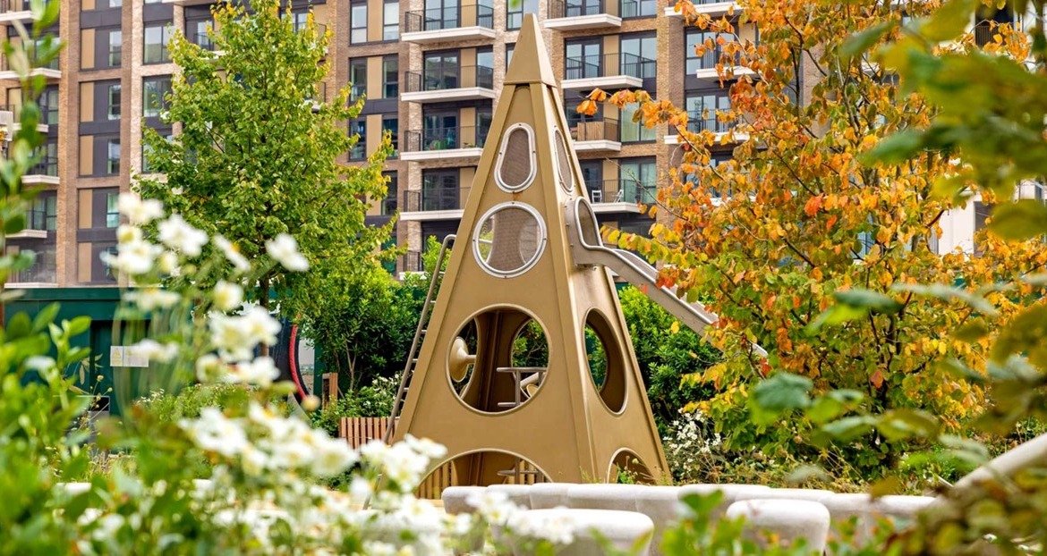 Landscaped park and green spaces at Kings Road Park London development