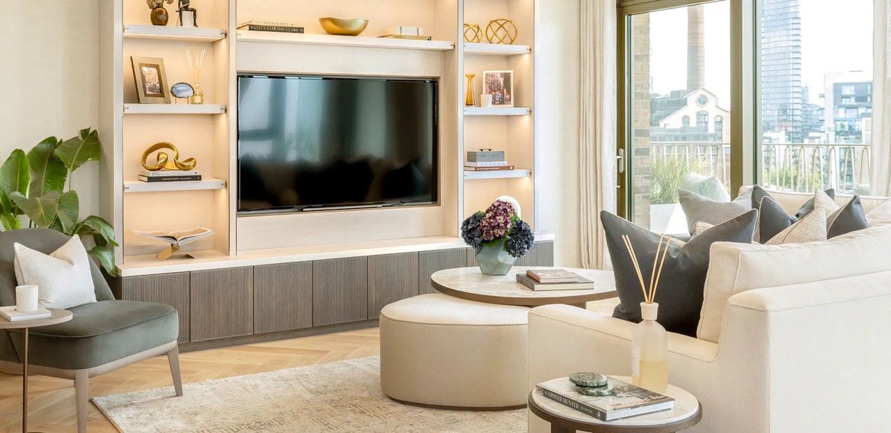 Stylish living room interior with contemporary design at Kings Road Park London apartments