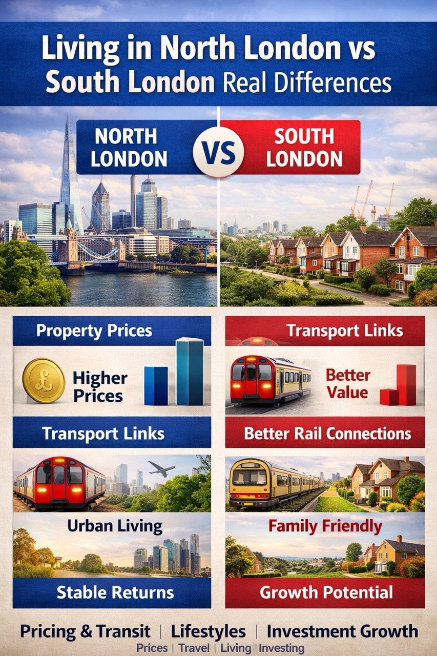 living in north London vs south London real differences showing property prices transport links lifestyle and investment potential comparison