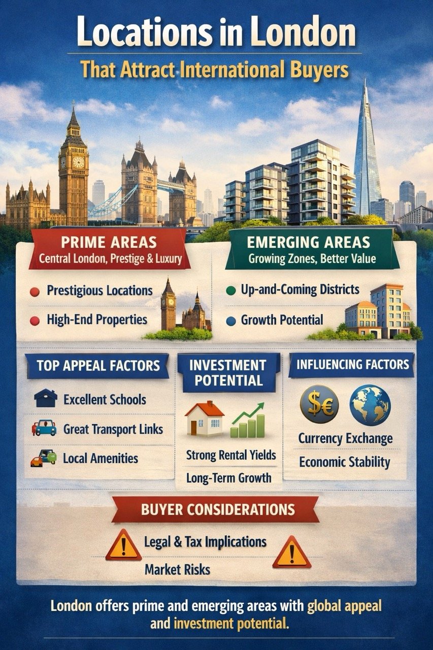 locations in London that attract international buyers showing prime areas emerging zones investment potential and global property demand