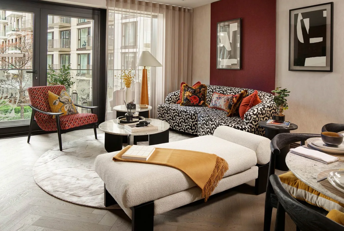 Luxury living room in a London apartment with stylish furniture and bright interior layout