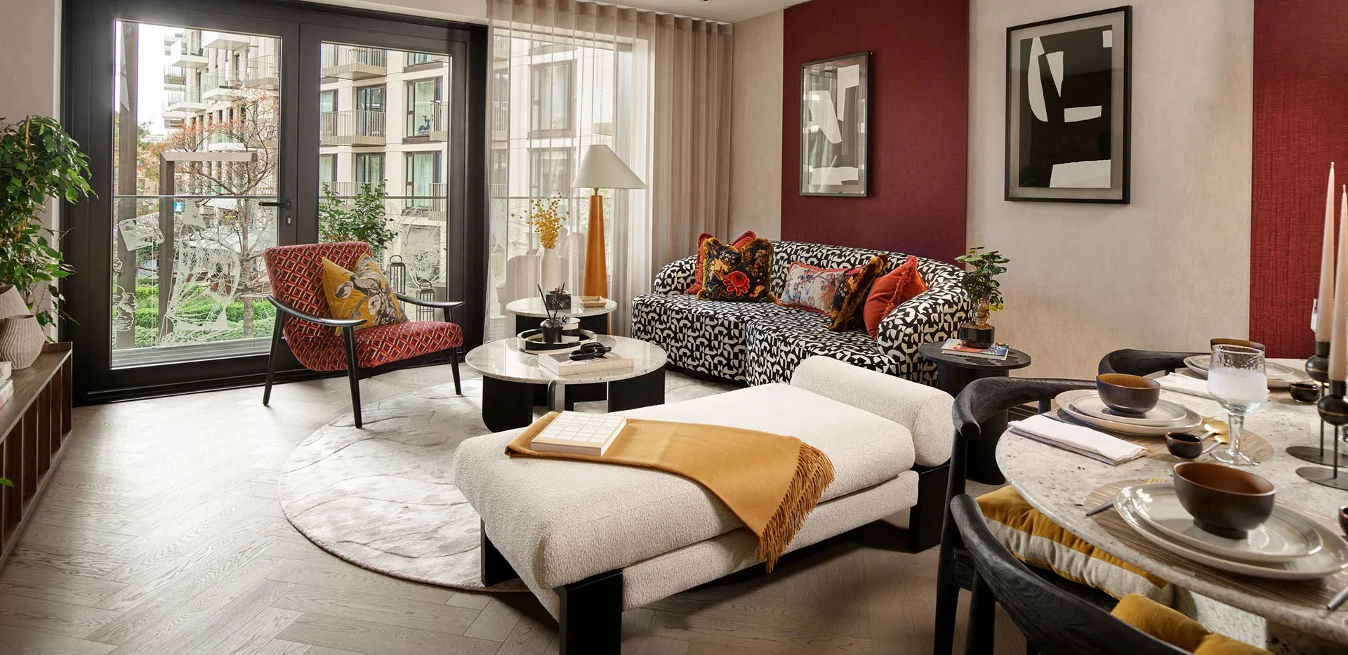 Luxury living room in a London apartment with stylish furniture and bright interior layout