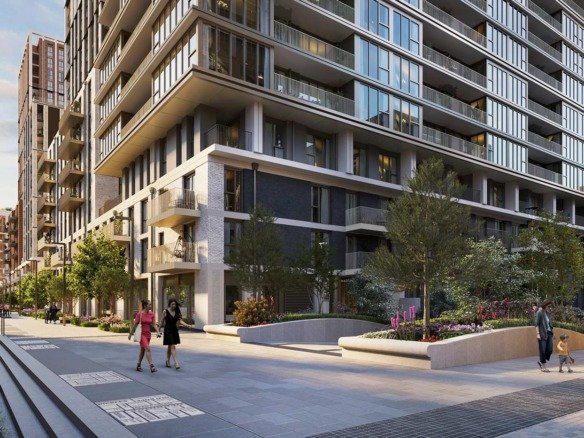 Modern residential grounds in London with green open spaces and pedestrian-friendly design