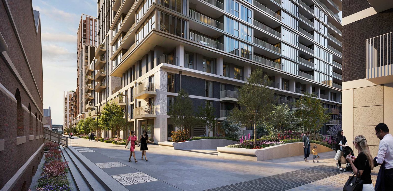 Modern residential grounds in London with green open spaces and pedestrian-friendly design