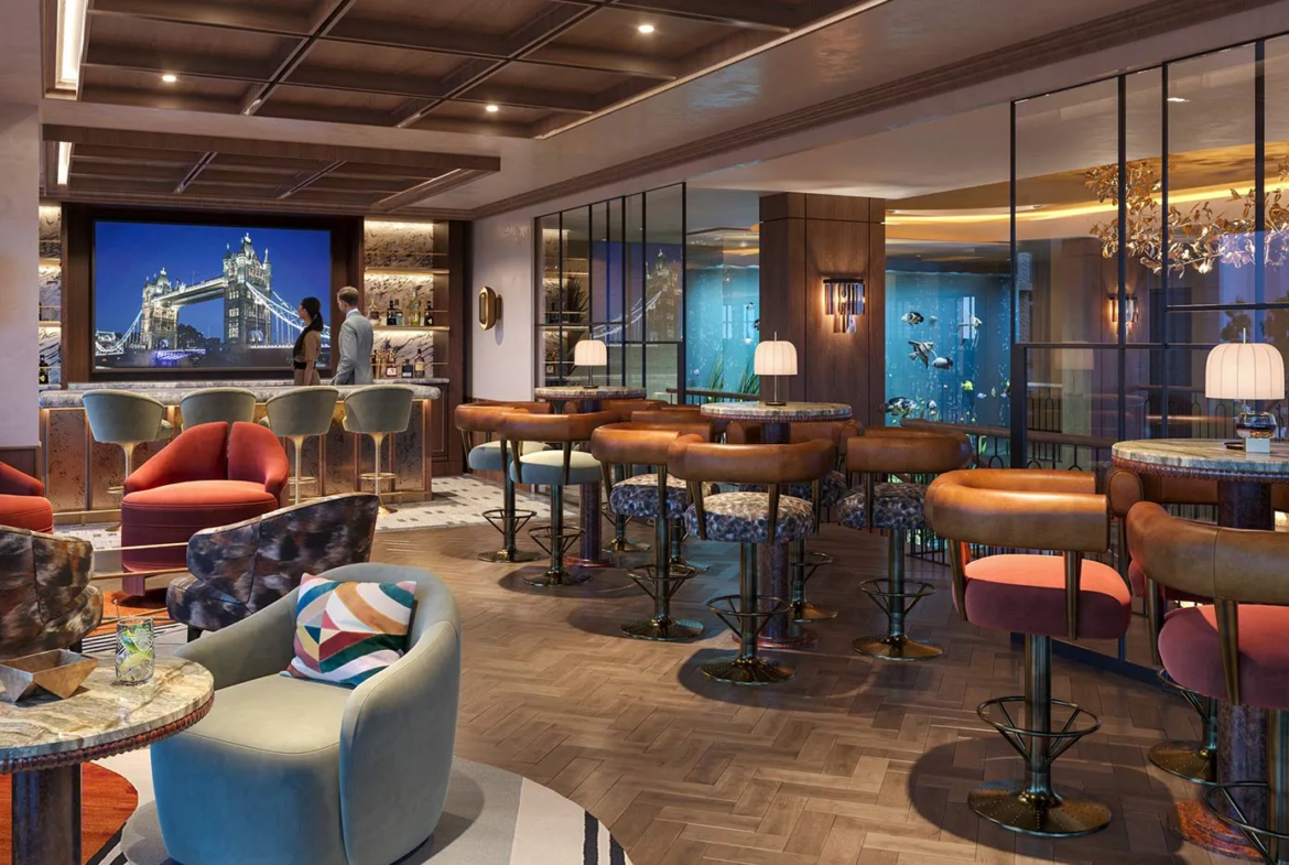 Residents lounge and bar area in a London luxury apartment building