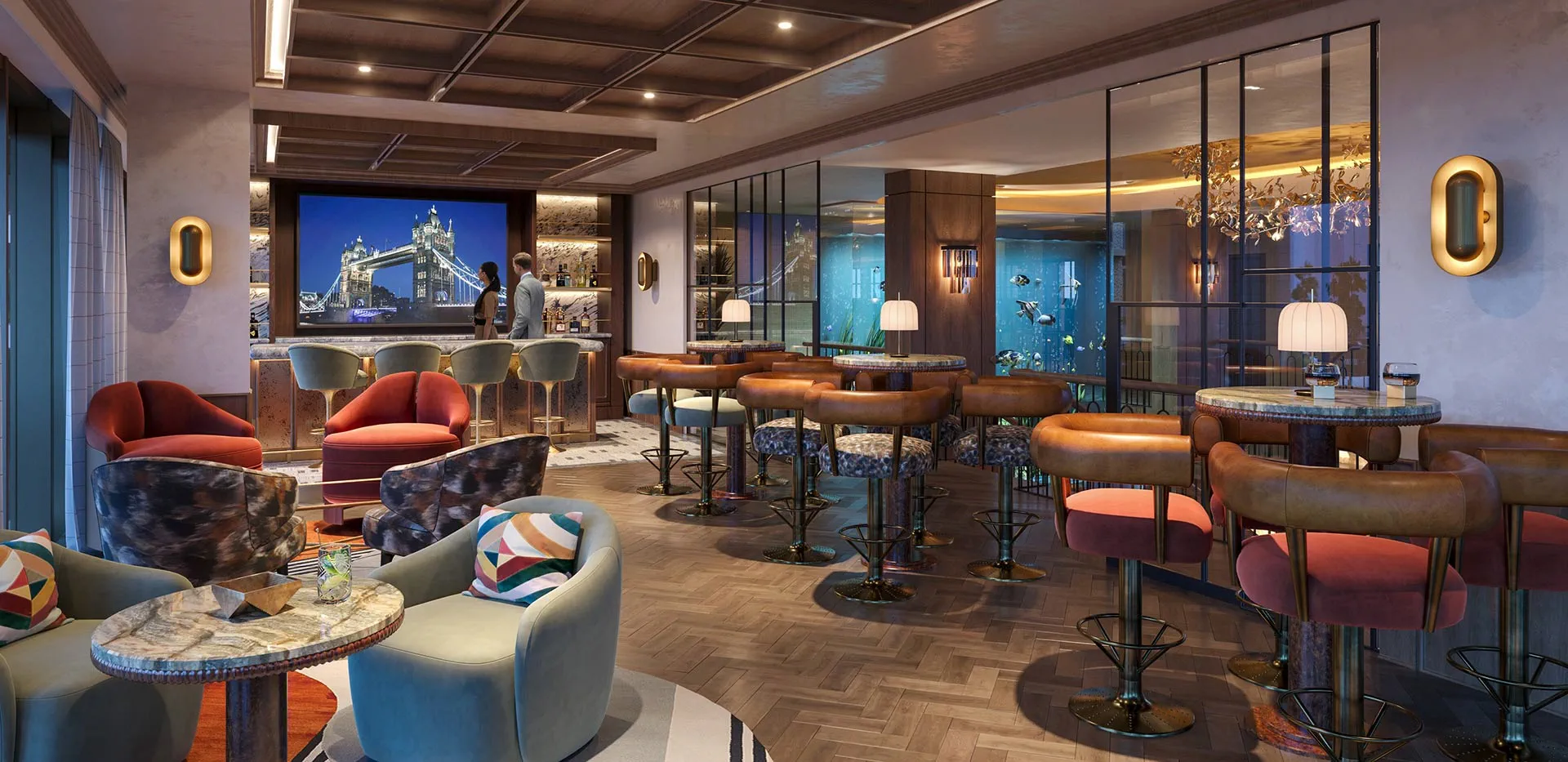 Residents lounge and bar area in a London luxury apartment building