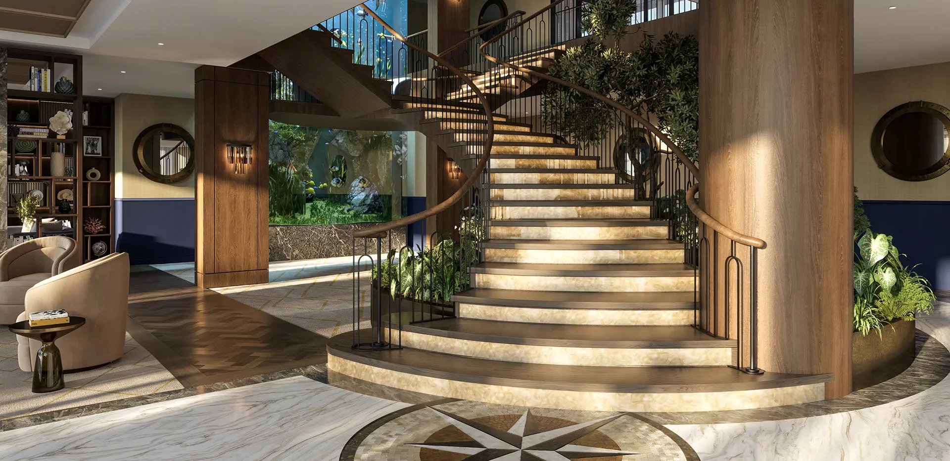 Luxury staircase with integrated aquarium feature in a modern London residential development