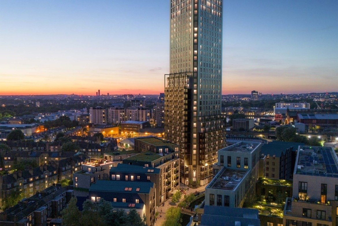 Aerial view of modern London residential development with surrounding cityscape - 3 bedroom
