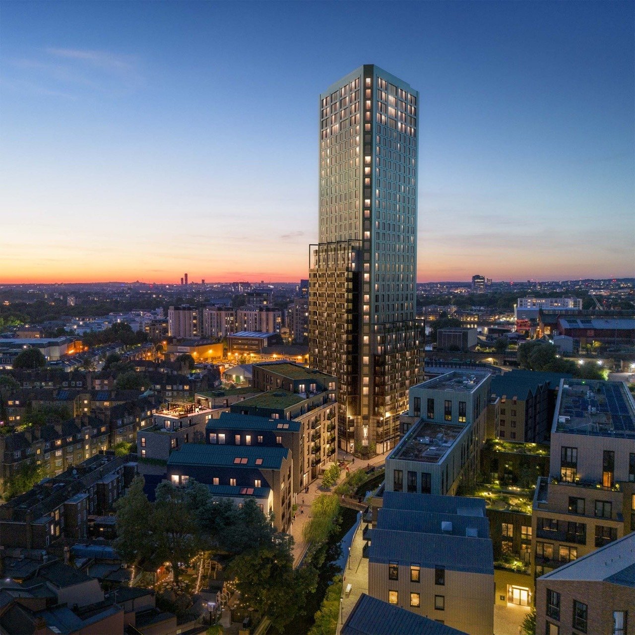 Aerial view of modern London residential development with surrounding cityscape - 3 bedroom