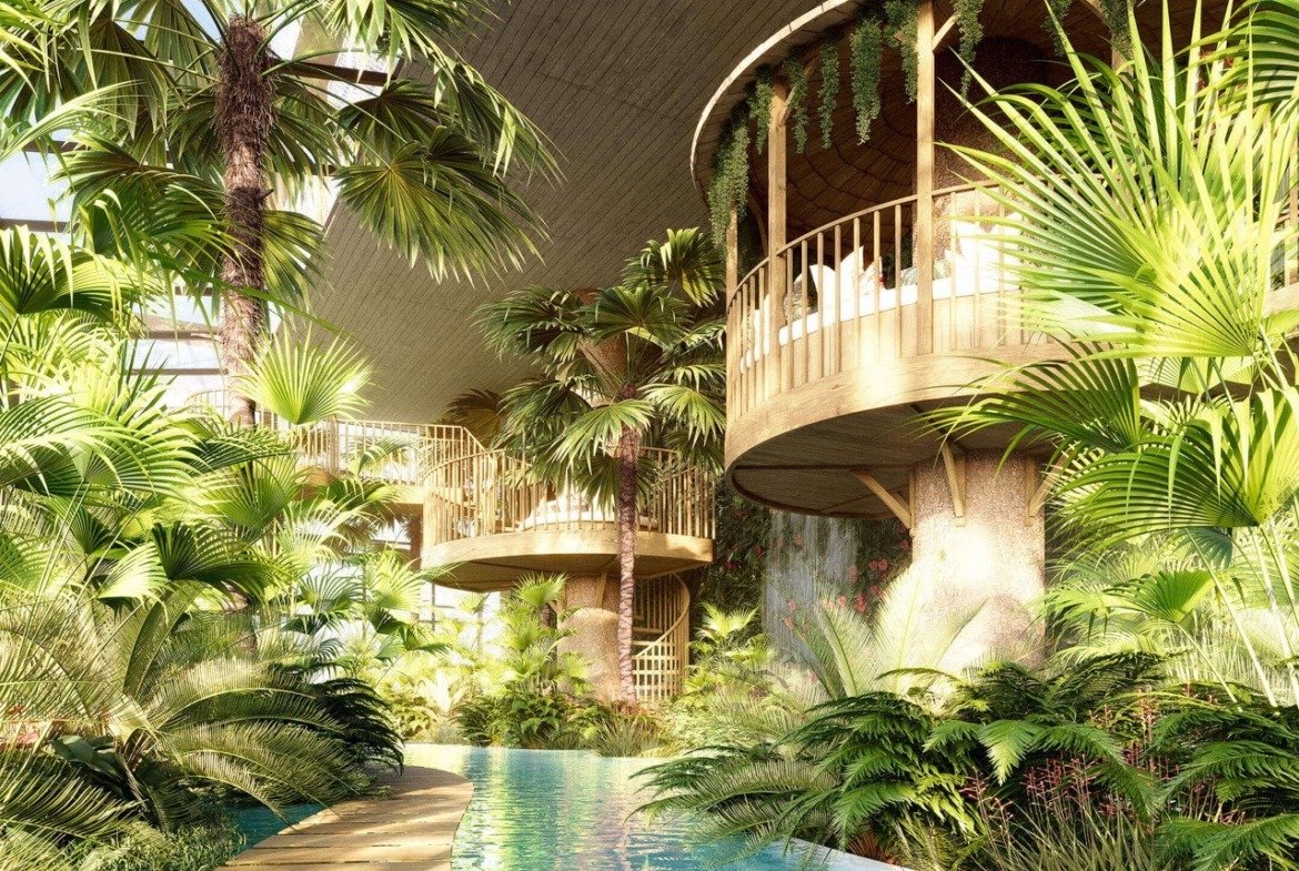 Indoor tropical pool oasis with wooden walkways and lush greenery - 3 bedroom