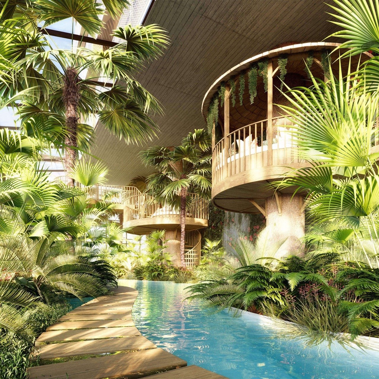 Indoor tropical pool oasis with wooden walkways and lush greenery - 3 bedroom