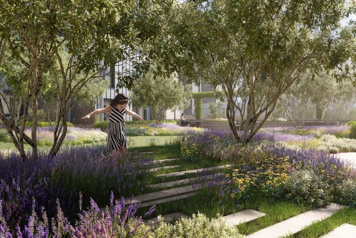 Landscaped podium garden with walking paths, greenery and outdoor seating areas - 3 bedroom