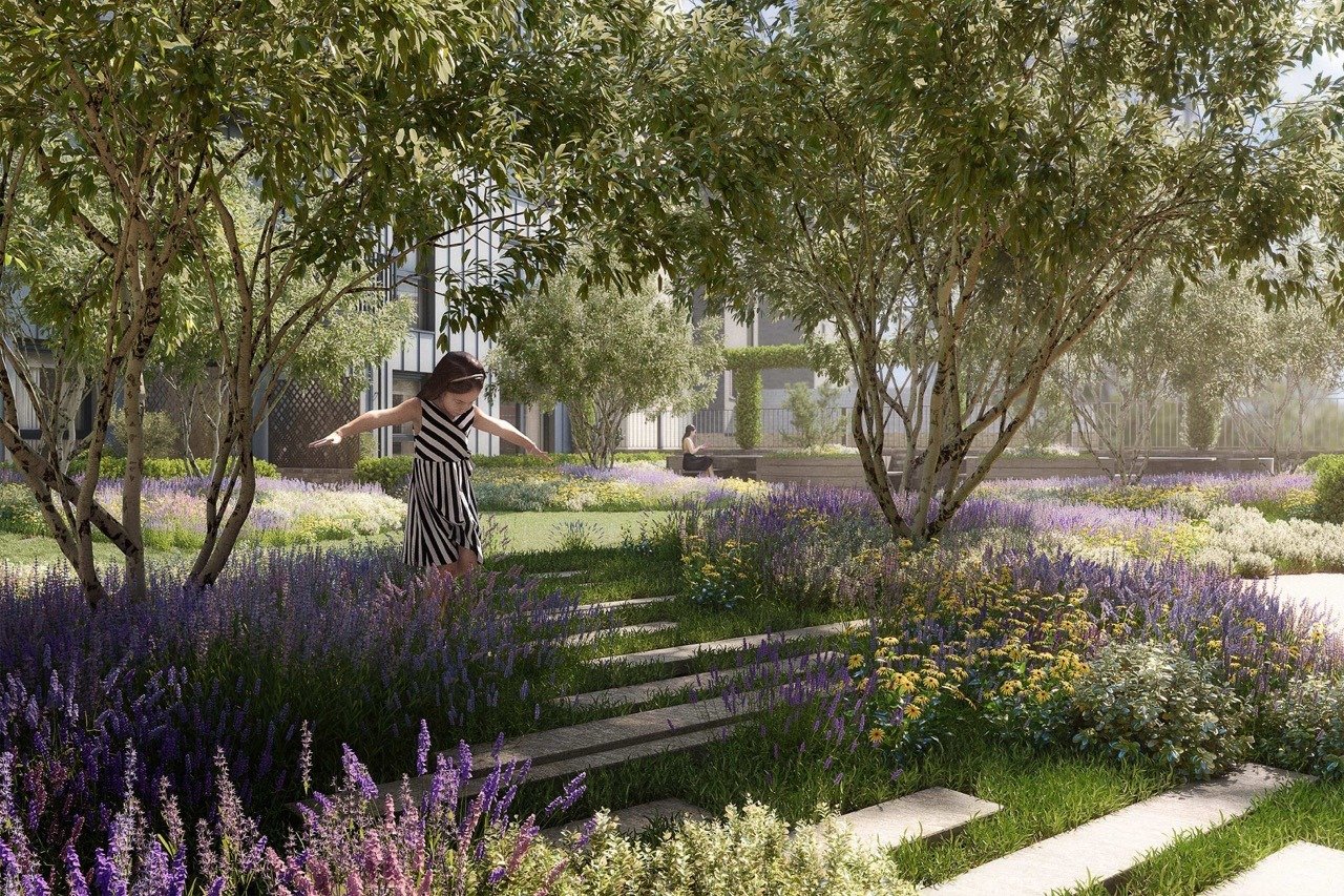 Landscaped podium garden with walking paths, greenery and outdoor seating areas - 3 bedroom