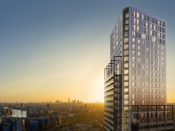 Modern residential tower in London with panoramic skyline and river views at sunset - 3 bedroom
