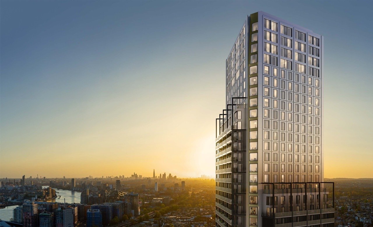 Modern residential tower in London with panoramic skyline and river views at sunset - 3 bedroom
