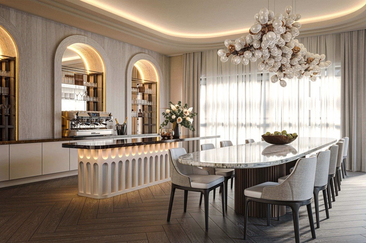 Luxury private dining room with marble table, designer lighting and elegant interiors - 3 bedroom