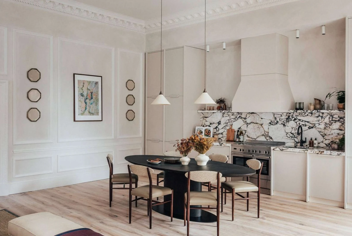 36 37 Hertford Street Residences Apartment 6 Mayfair Kitchen Dining Area Marble Splashback Miele Appliances Albion Nord