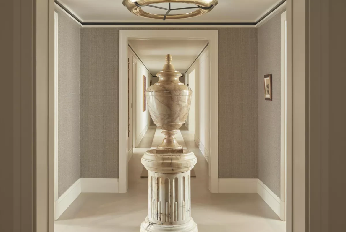60 Curzon Mayfair Apartment Hallway Marble Urn Sculpture Brass Light