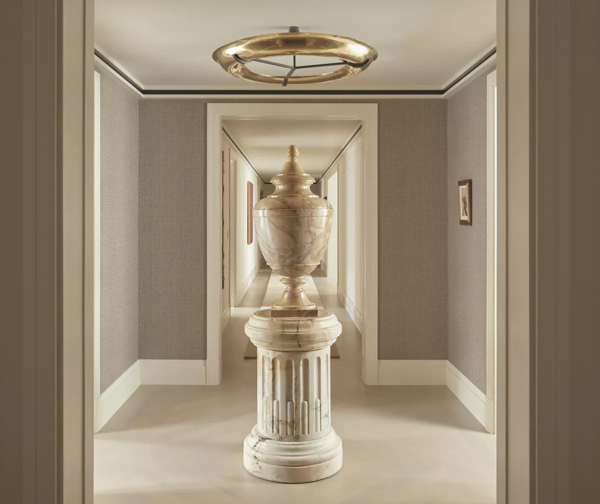 60 Curzon Mayfair Apartment Hallway Marble Urn Sculpture Brass Light