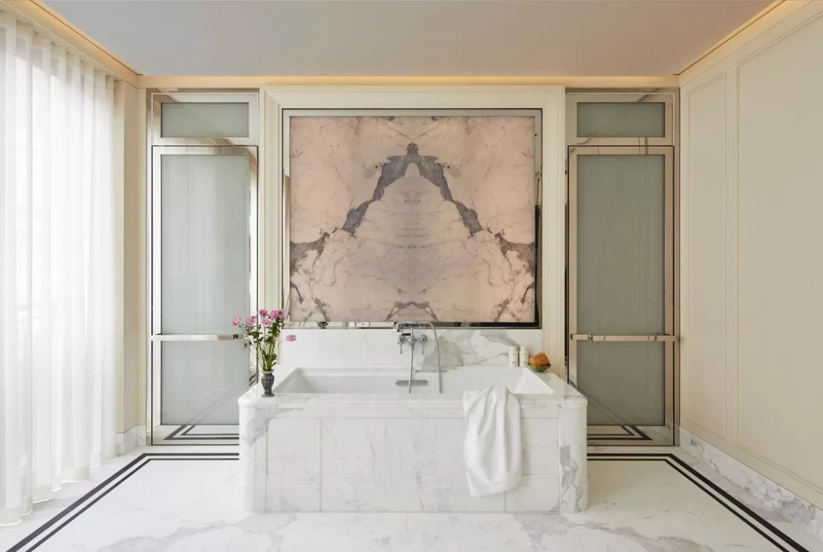 60 Curzon Street Mayfair Luxury Bathroom Book Matched Rose Marble Bath