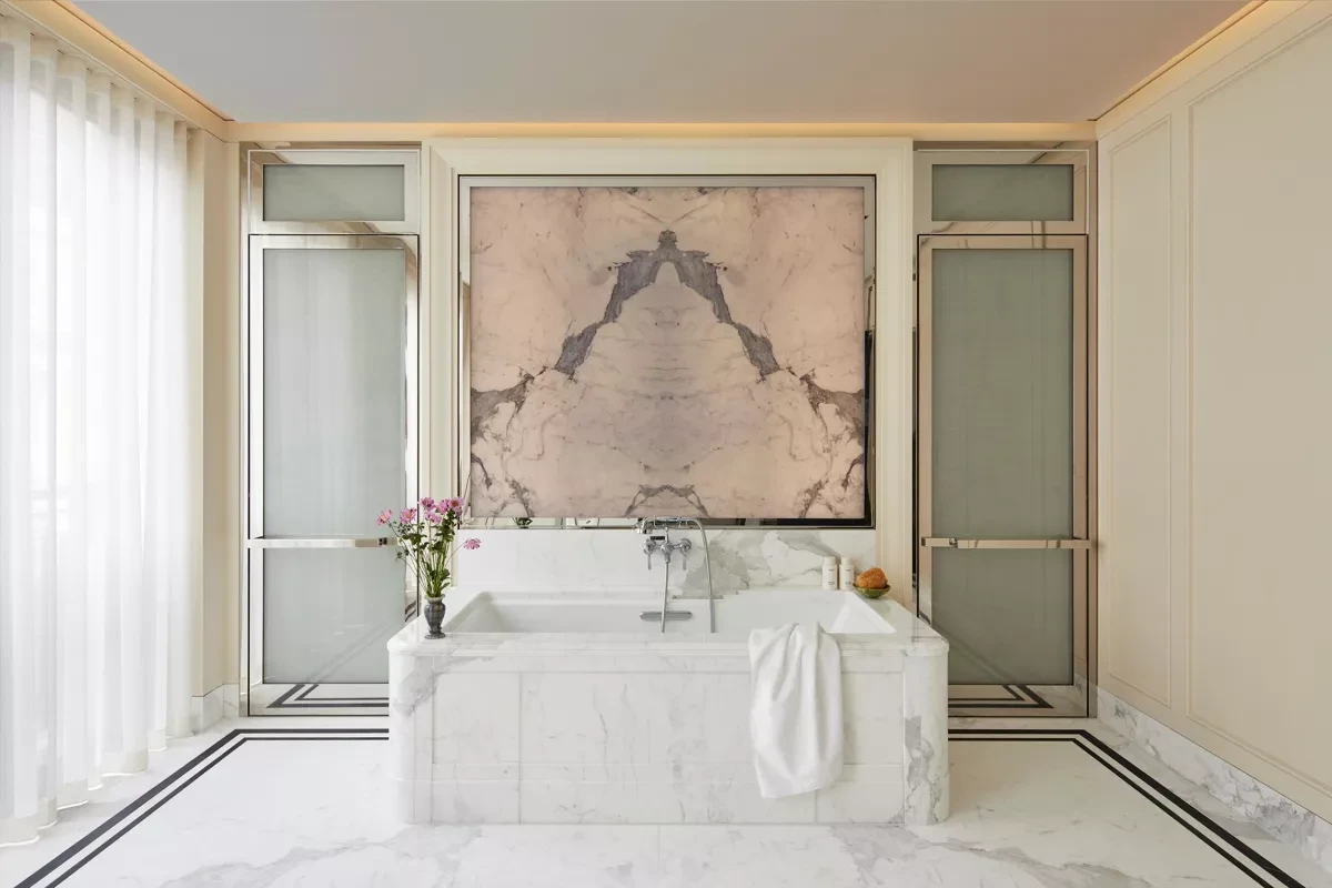 60 Curzon Street Mayfair Luxury Bathroom Book Matched Rose Marble Bath