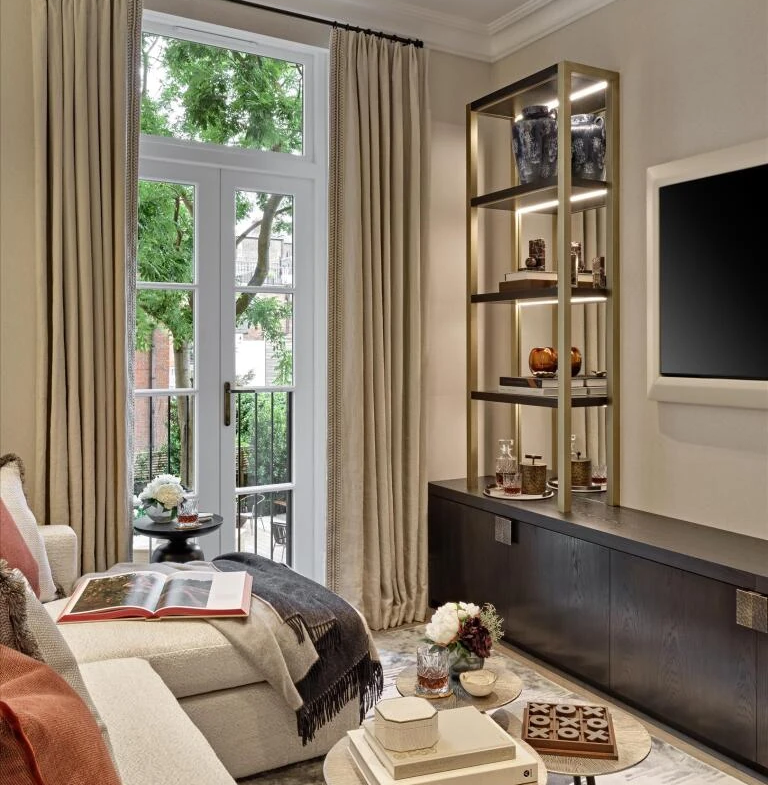 Allen House Kensington Ground Floor Apartment Living Room Garden View Bespoke Shelving Premium Interiors