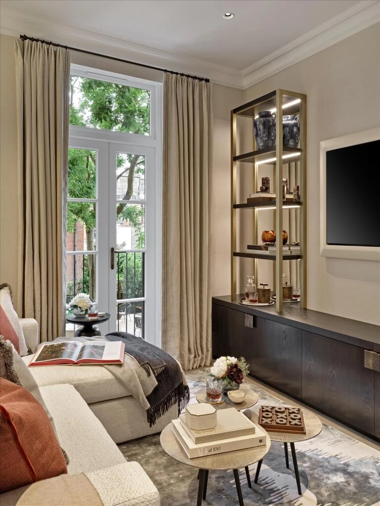Allen House Kensington Ground Floor Apartment Living Room Garden View Bespoke Shelving Premium Interiors