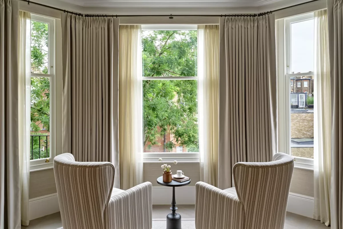 Allen House Kensington W8 Bay Window Sitting Area Striped Armchairs Linen Curtains Garden Views