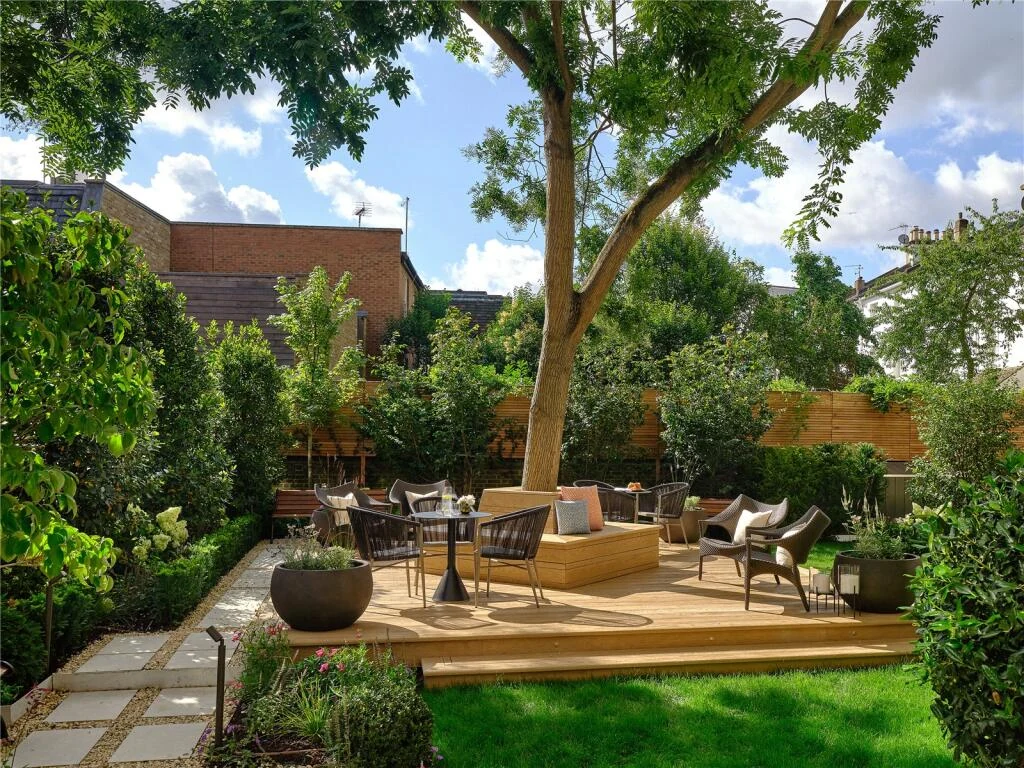 Allen House Kensington W8 Communal Garden Summer Mature Canopy Tree Timber Deck Wicker Seating Lawn