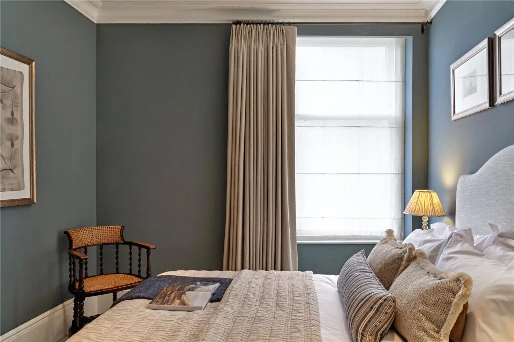Allen House Kensington W8 Double Bedroom Blue Grey Walls Sash Window Classic Headboard