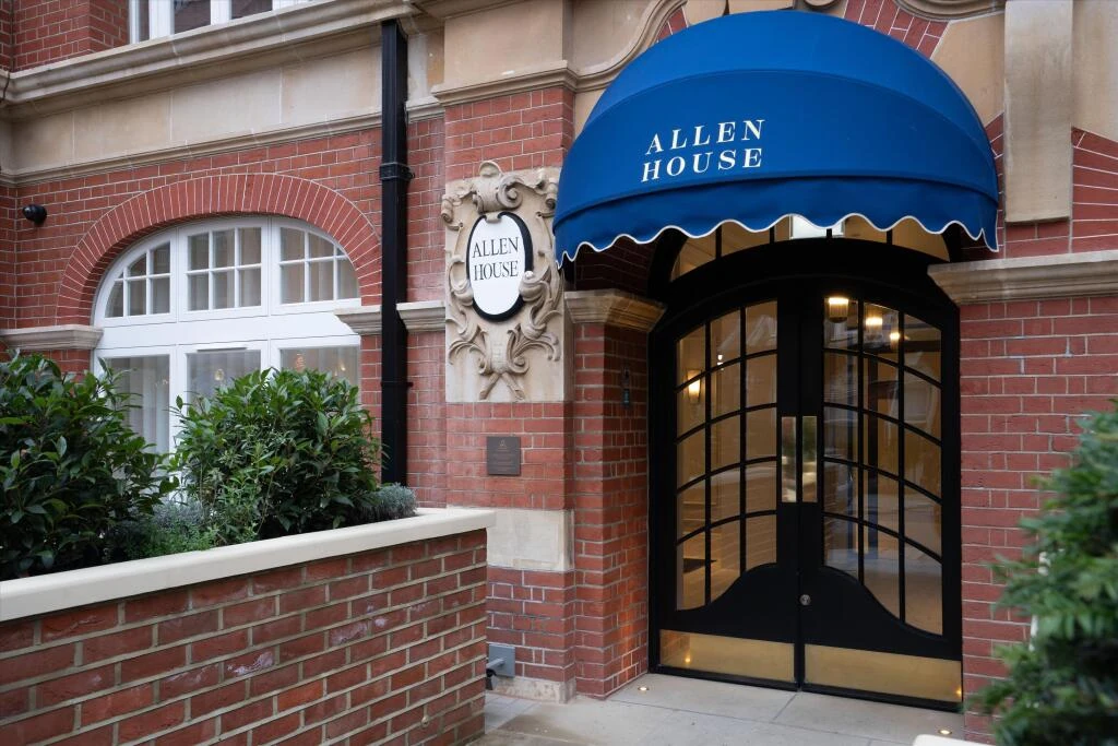 Allen House Kensington W8 Entrance Blue Canopy Arched Doors Edwardian Mansion Concierge