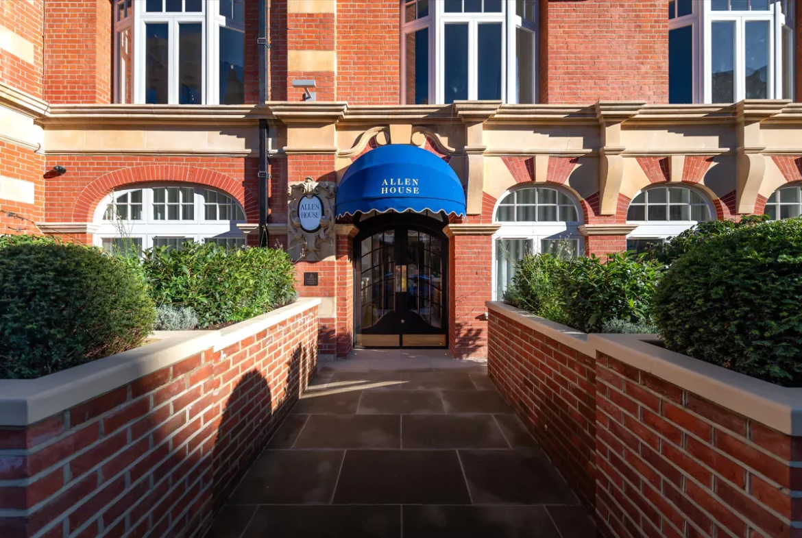 Allen House Kensington W8 Entrance Blue Canopy Sign Red Brick Restored Edwardian Mansion