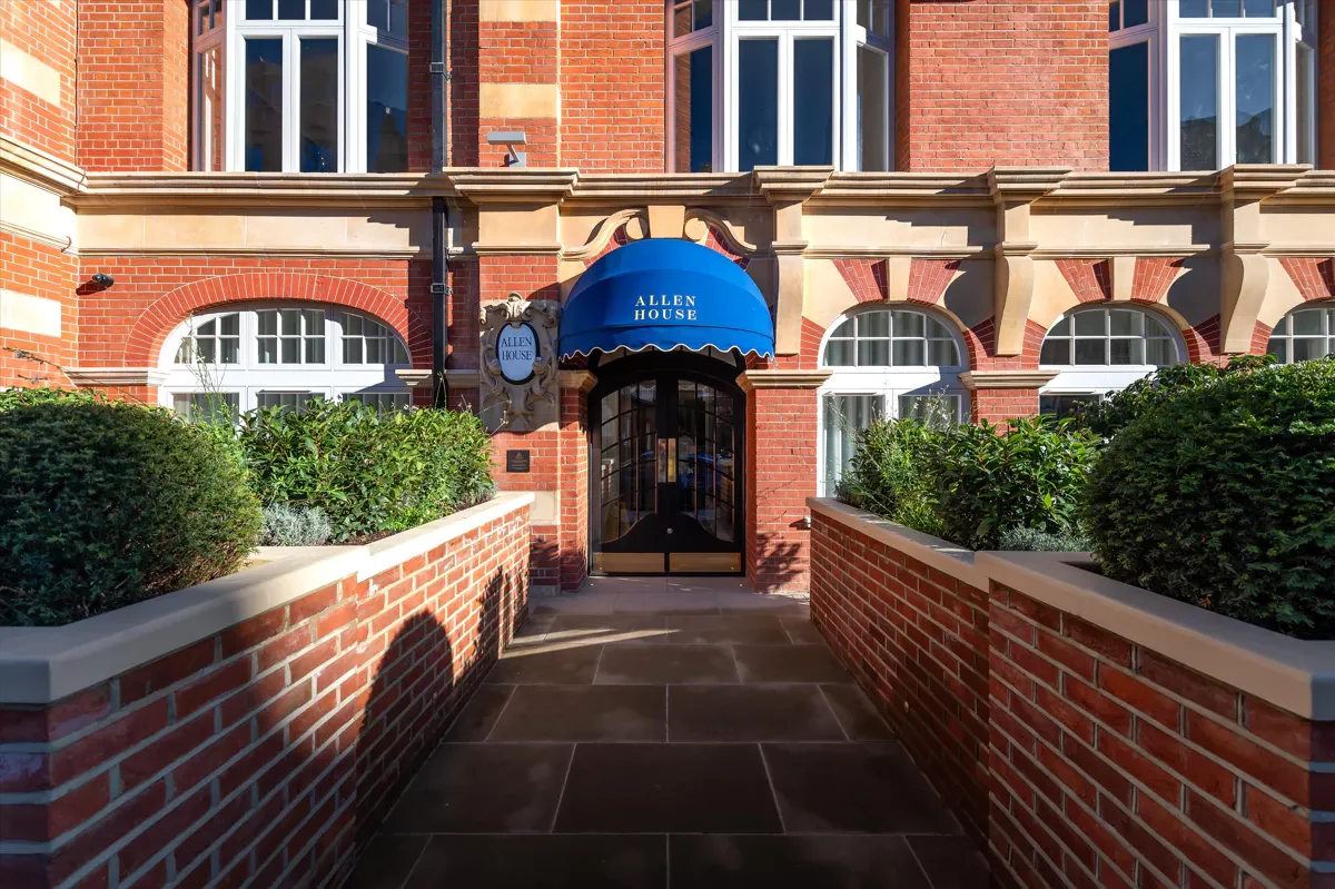 Allen House Kensington W8 Entrance Blue Canopy Sign Red Brick Restored Edwardian Mansion