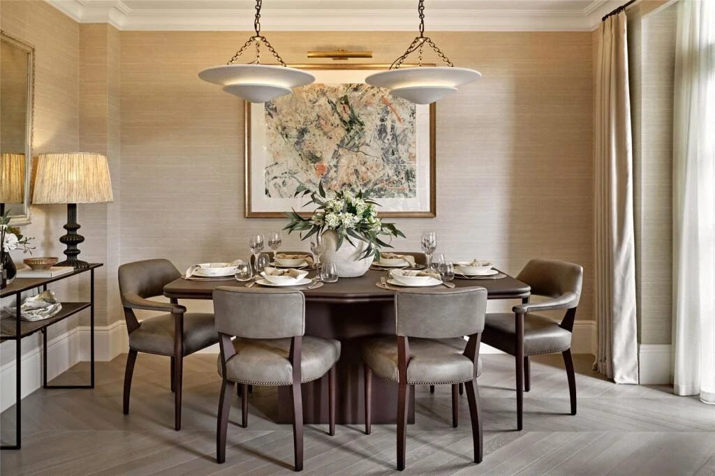 Allen House Kensington W8 Formal Dining Room Round Dark Wood Table Leather Chairs Grasscloth Walls