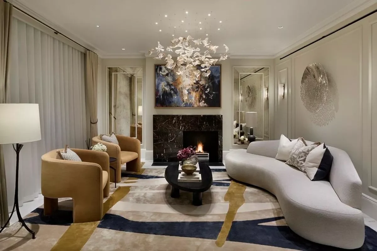 Allen House Kensington W8 Formal Lounge Lit Fireplace Butterfly Chandelier Bespoke Designer Rug